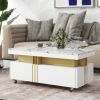 Coffee Table with Faux Marble Top, Rectangle Cocktail Table with Caster Wheels