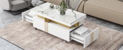 Coffee Table with Faux Marble Top, Rectangle Cocktail Table with Caster Wheels